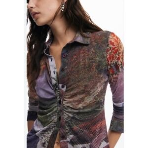 Desigual Maryland Ruched Mesh Button-Up Shirt XS Y2K Boho